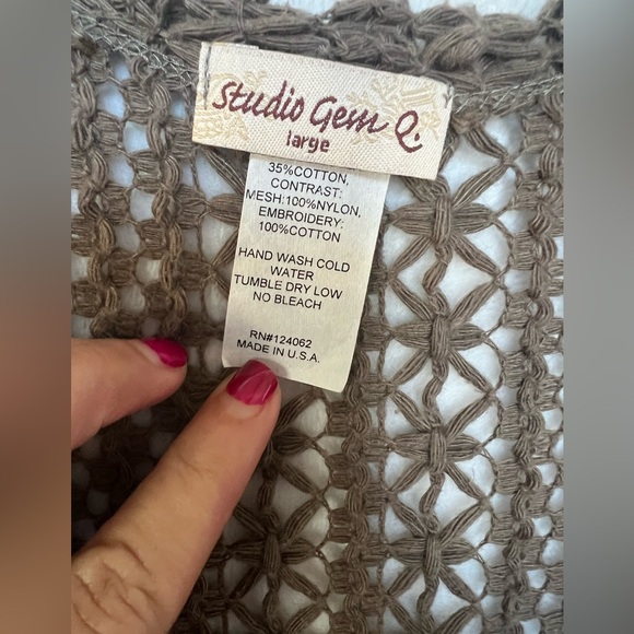 Studio Gem Q Open Front Crochet Sweater Embroidered Lace Trim Khaki Brown Large - Picture 7 of 7